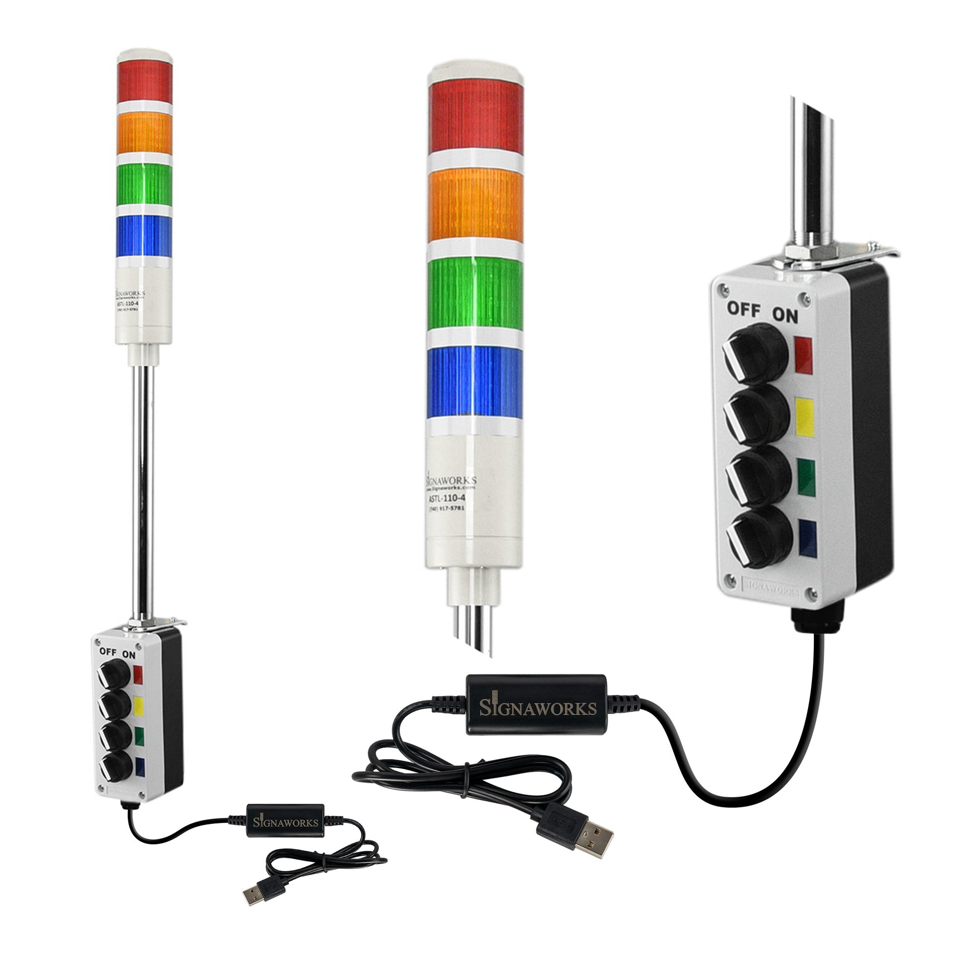 Four-color pole-mounted industrial signal light with 2-position selector switches and USB cable; Red-Amber-Green-Blue on a white background.
