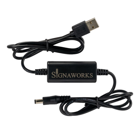 Black adapter with USB cable and power cord on a white background, featuring Signaworks branding.
