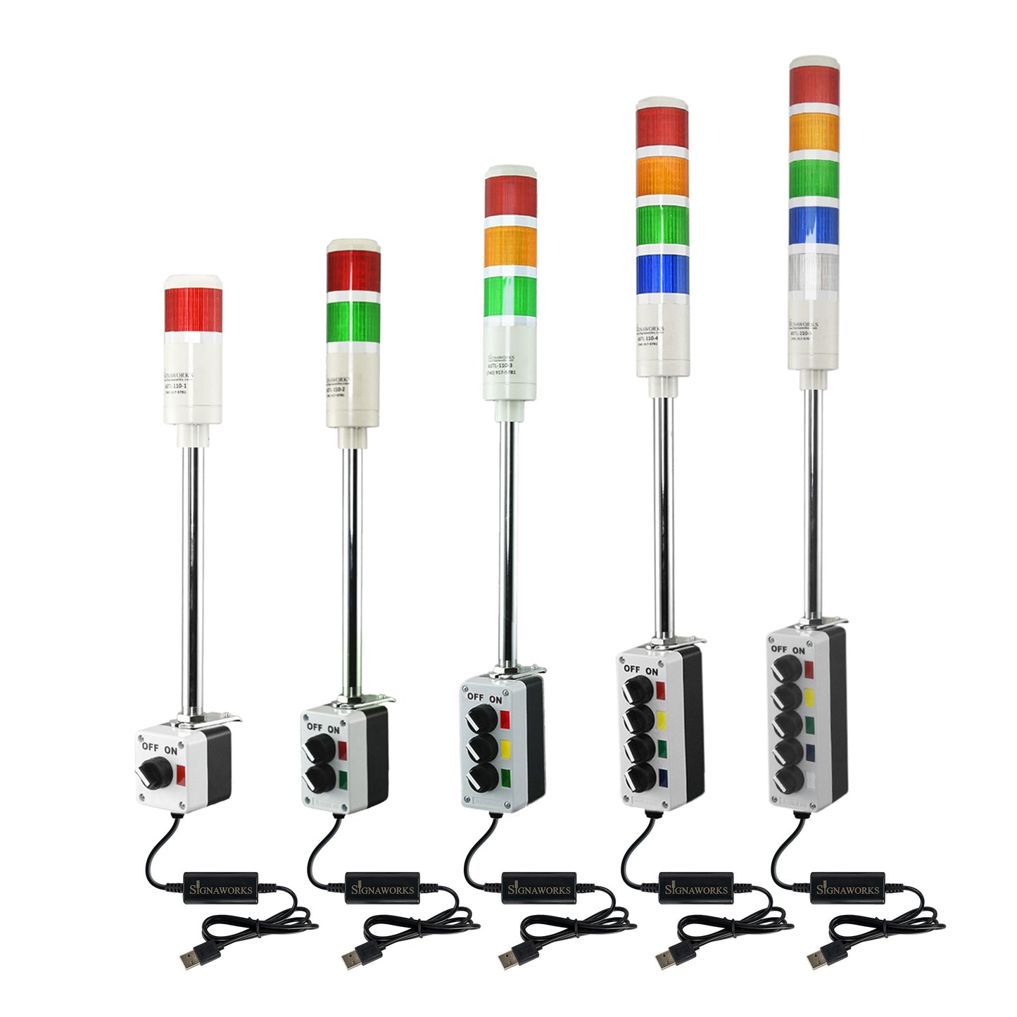 Collection of multicolored industrial signals with 2-position switches and USB cables on a white background.