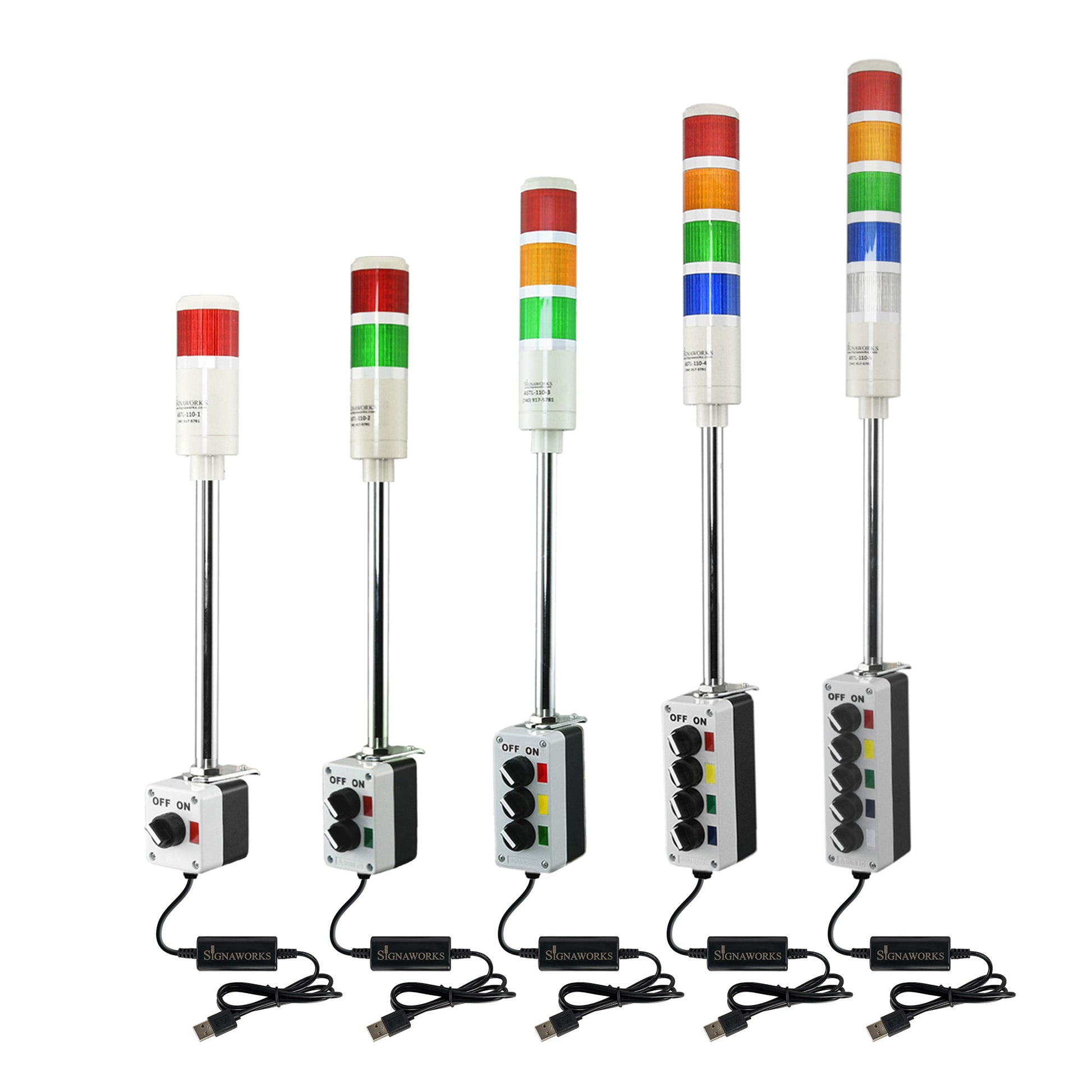 Collection of multicolored industrial signals with 2-position switches and USB cables on a white background.