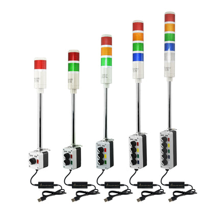 Collection of multicolored industrial signals with 2-position switches and USB cables on a white background.