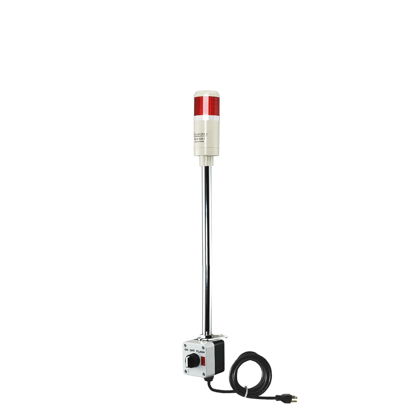 Red pole-mounted industrial signal with 3-position switch on a white background.