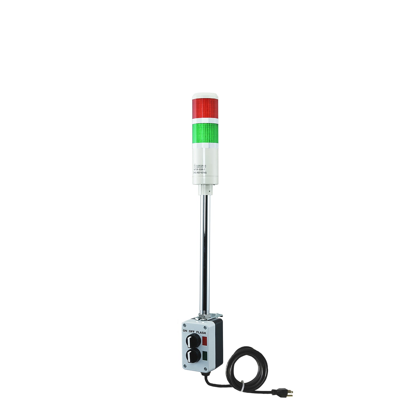 Two-position pole-mounted industrial signal with 3-position switch on a white background; Red-Green.