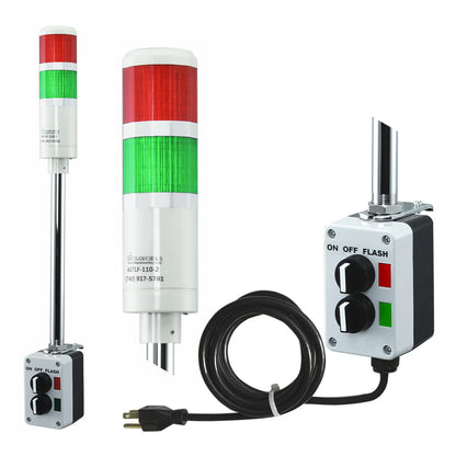 Two-color pole-mounted industrial signal light with a 2-position switch box and power cord; Red-Green on a white background.