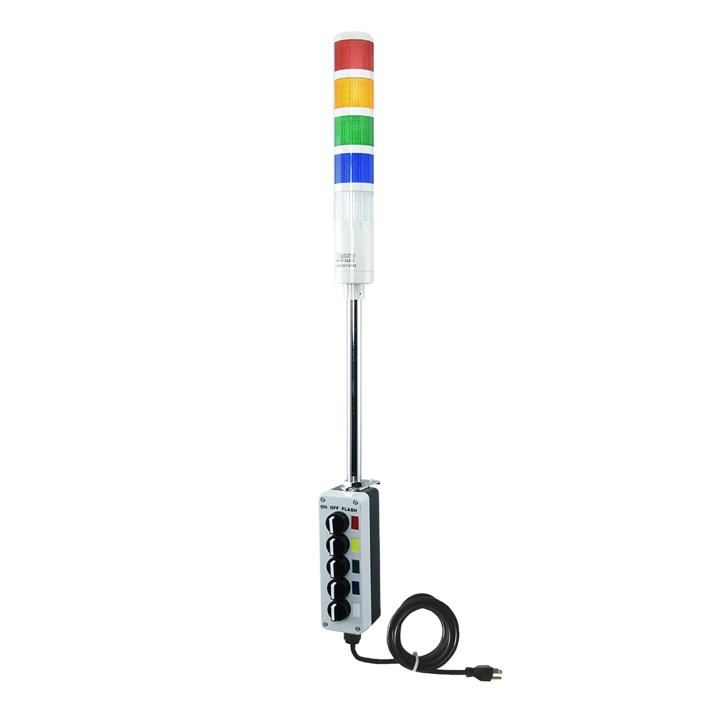 Five-position pole-mounted industrial signal with 3-position switch on a white background; Red-Amber-Green-Blue-White.
