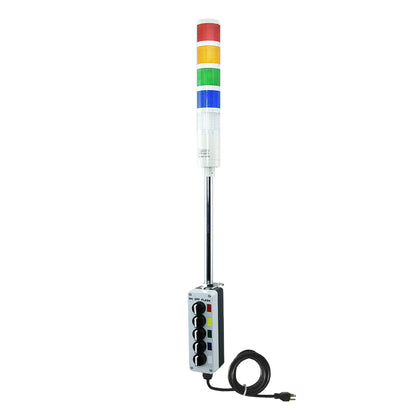 Five-position pole-mounted industrial signal with 3-position switch on a white background; Red-Amber-Green-Blue-White.