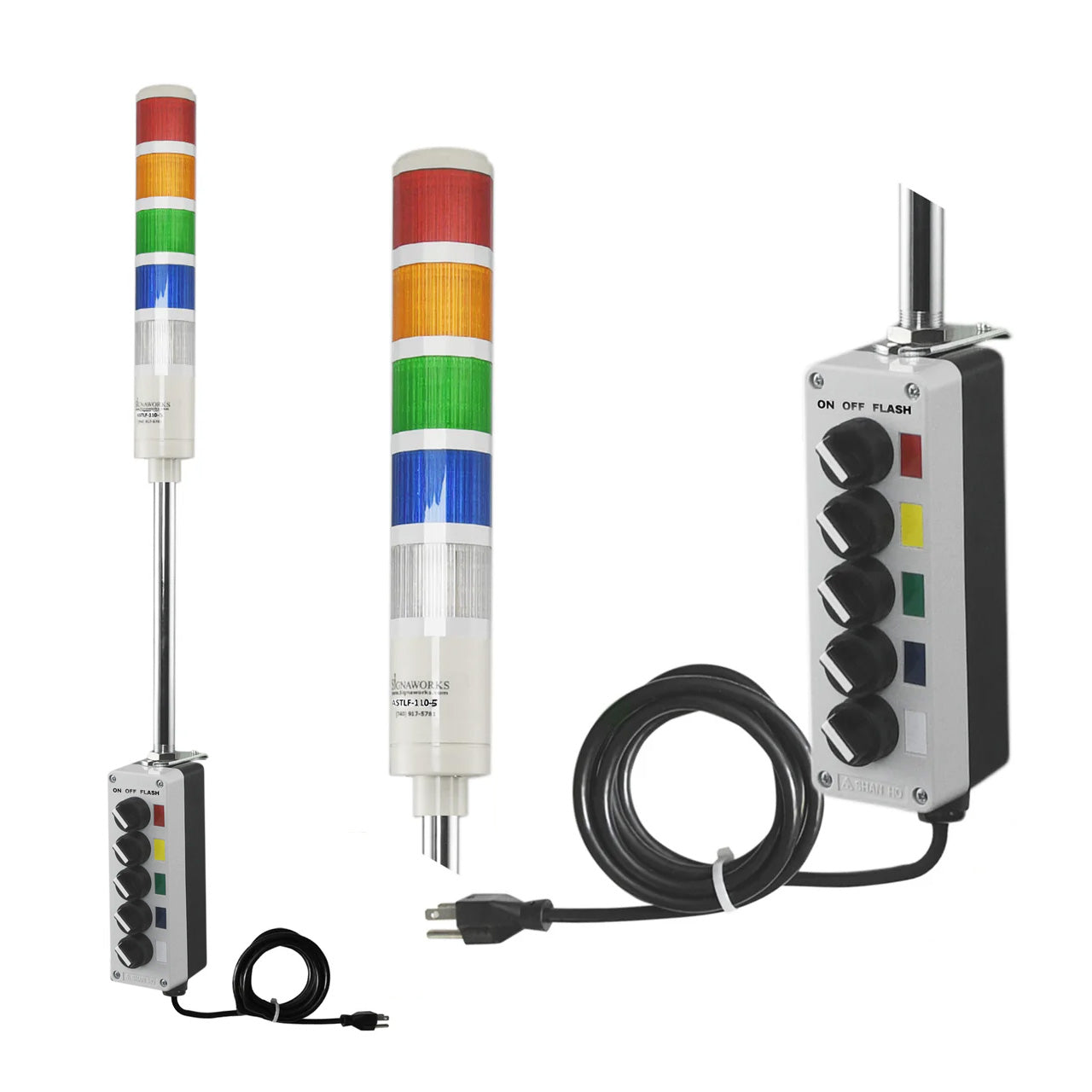 Five-color pole-mounted industrial signal light with a 3-position switch box and power cord; Red-Amber-Green on a white background.