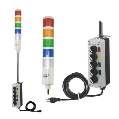 Five-color pole-mounted industrial signal light with a 3-position switch box and power cord; Red-Amber-Green on a white background.