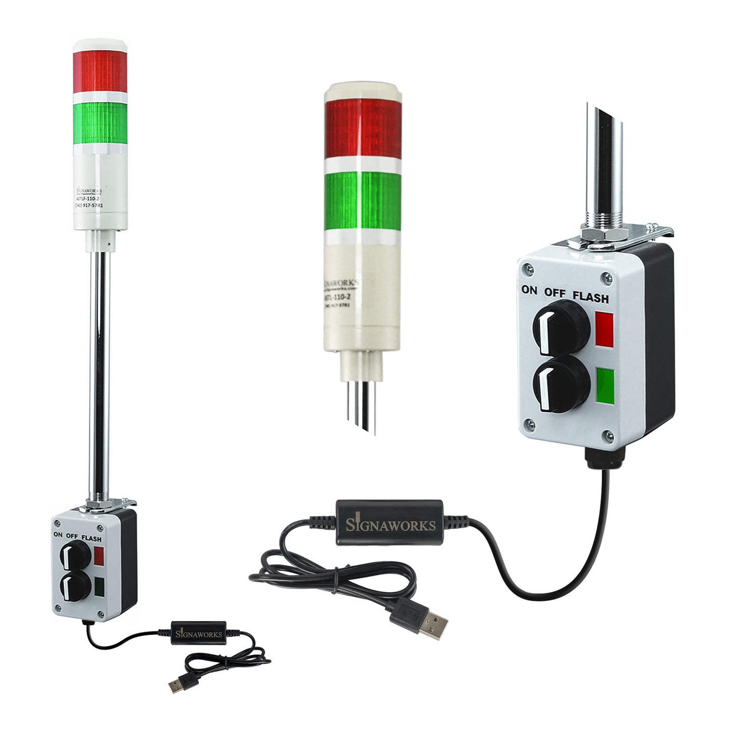 Two-color pole-mounted industrial signal light with 2-position selector switch and USB Cable; Red-Green on a white background.