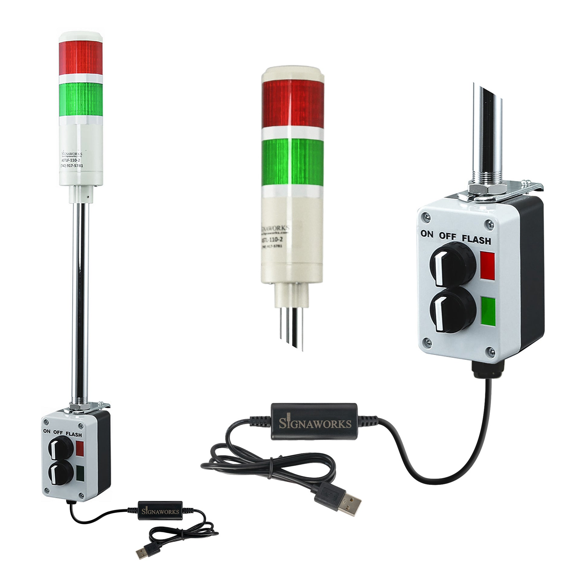 Two-color pole-mounted industrial signal light with 2-position selector switch and USB Cable; Red-Green on a white background.