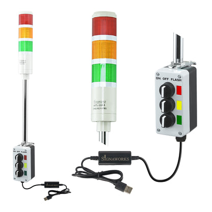 Three-color pole-mounted industrial signal with 2-position switches and USB  Cable on a white background; Red-Amber-Green.