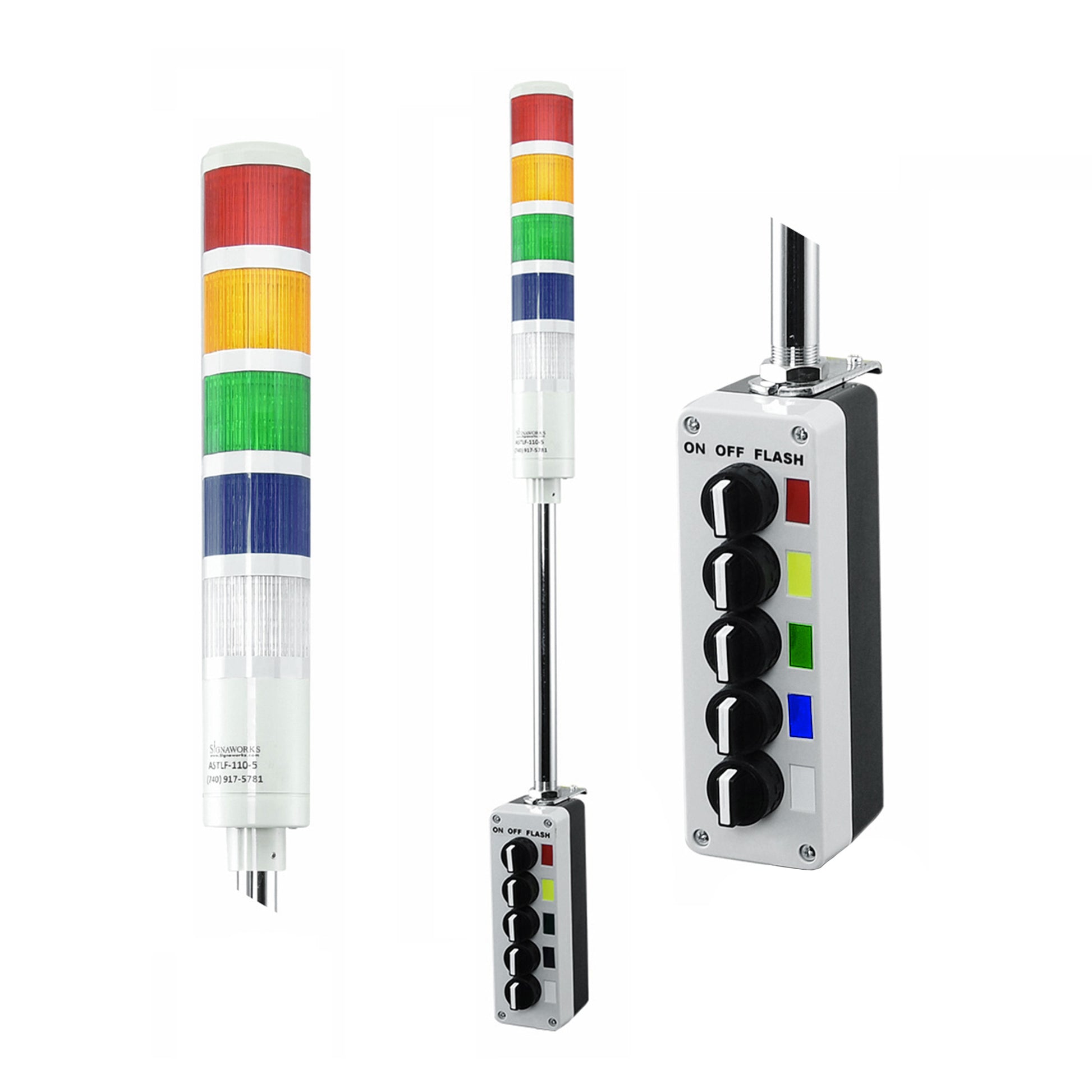 Five-color pole-mounted industrial signal light with 2-position switch; Red-Amber-Green-Blue-White box on a white background.