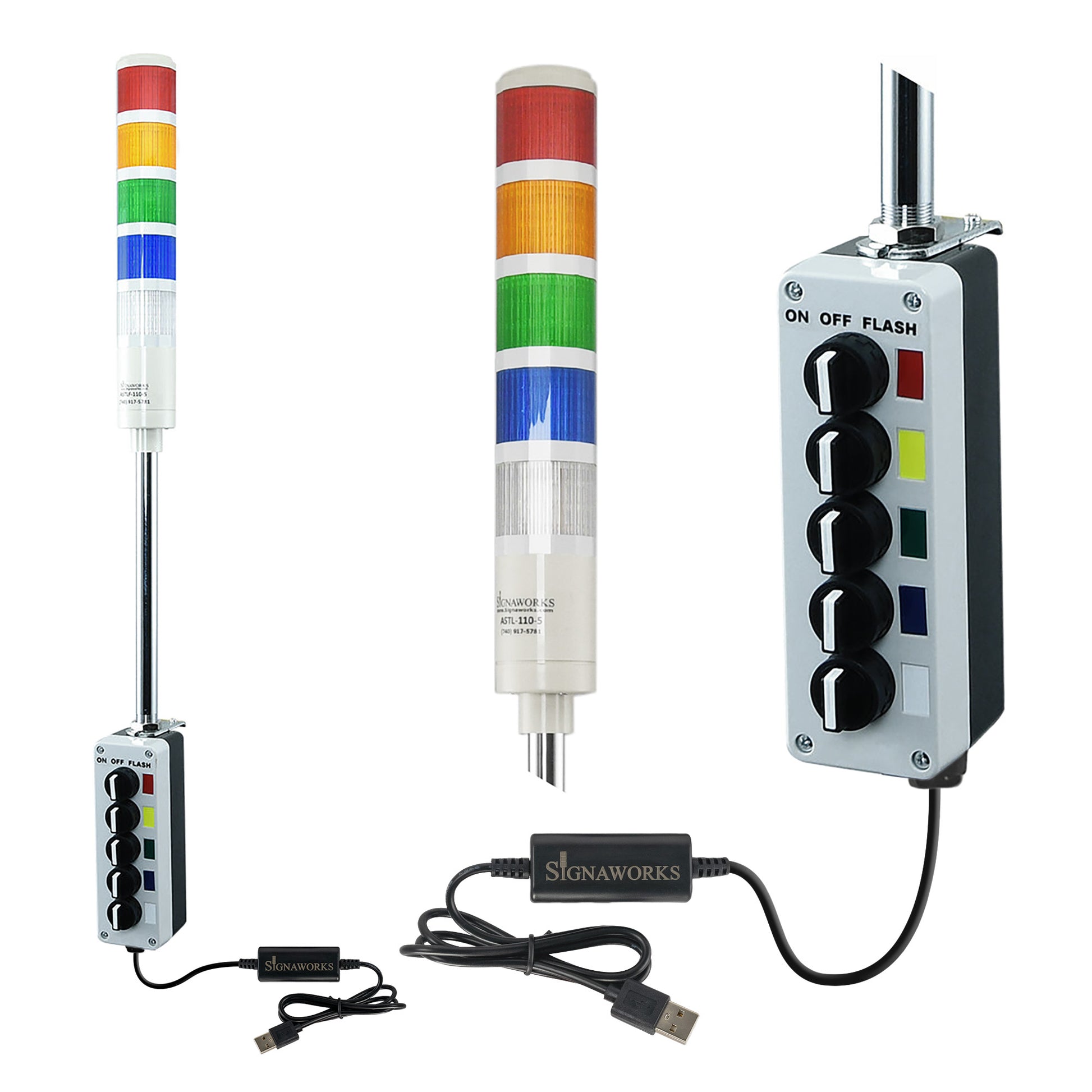 Five-color pole-mounted industrial signal with 2-position switch and USB  Cable on a white background; Red-Amber-Green-Blue-White.
