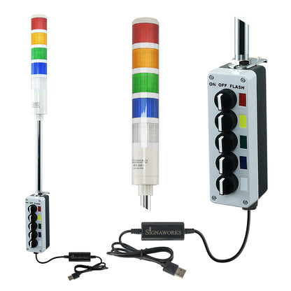 Five-color pole-mounted industrial signal with 2-position switch and USB  Cable on a white background; Red-Amber-Green-Blue-White.