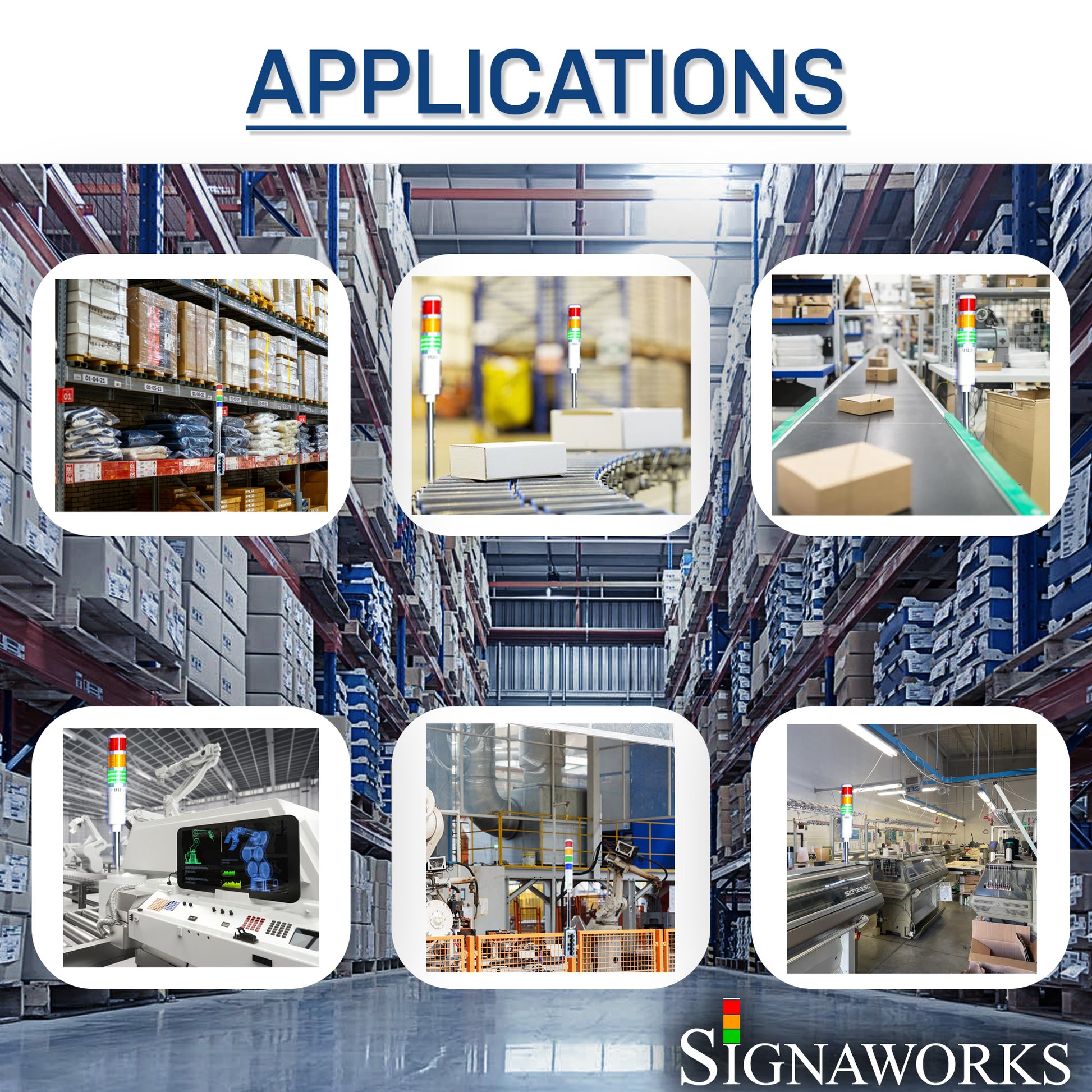A Signaworks branded graphic showing real world applications of the USB-ASTL/ASTLF-110-x light
