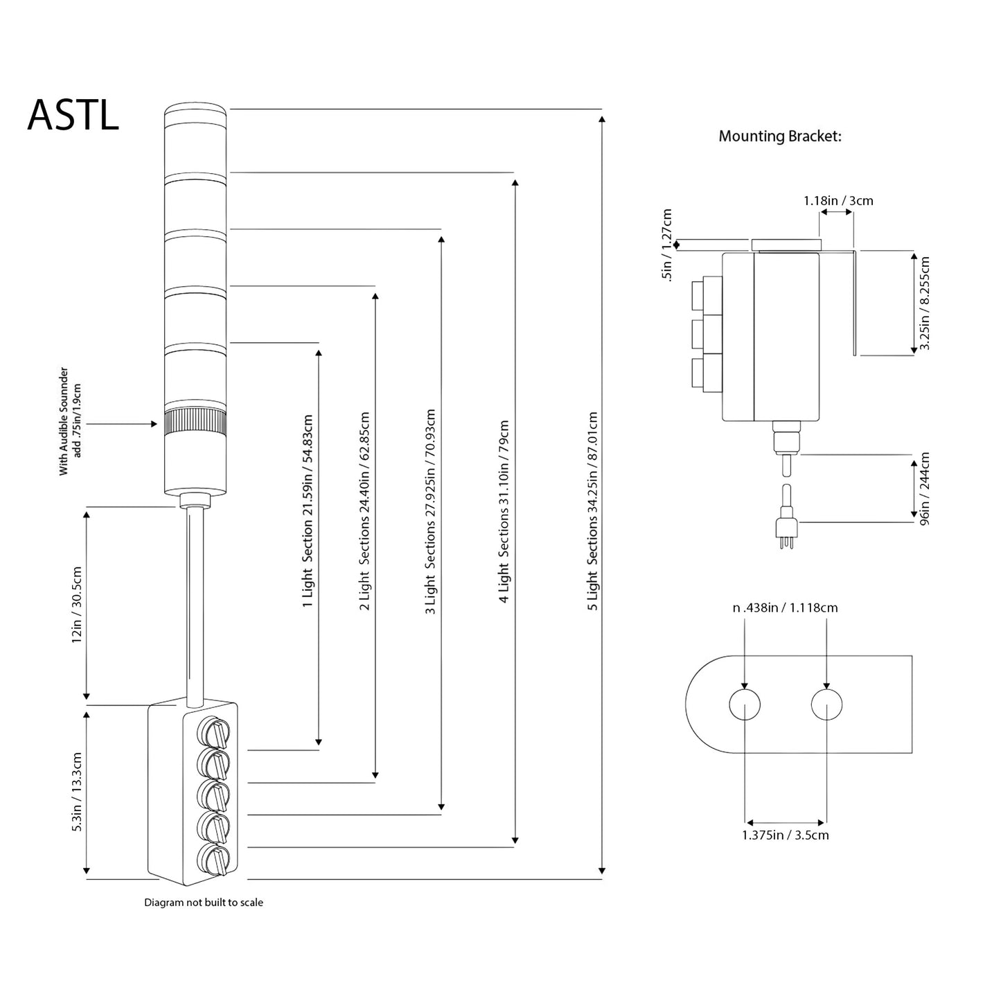 Black on white diagram depicting the ASTL dimensions.