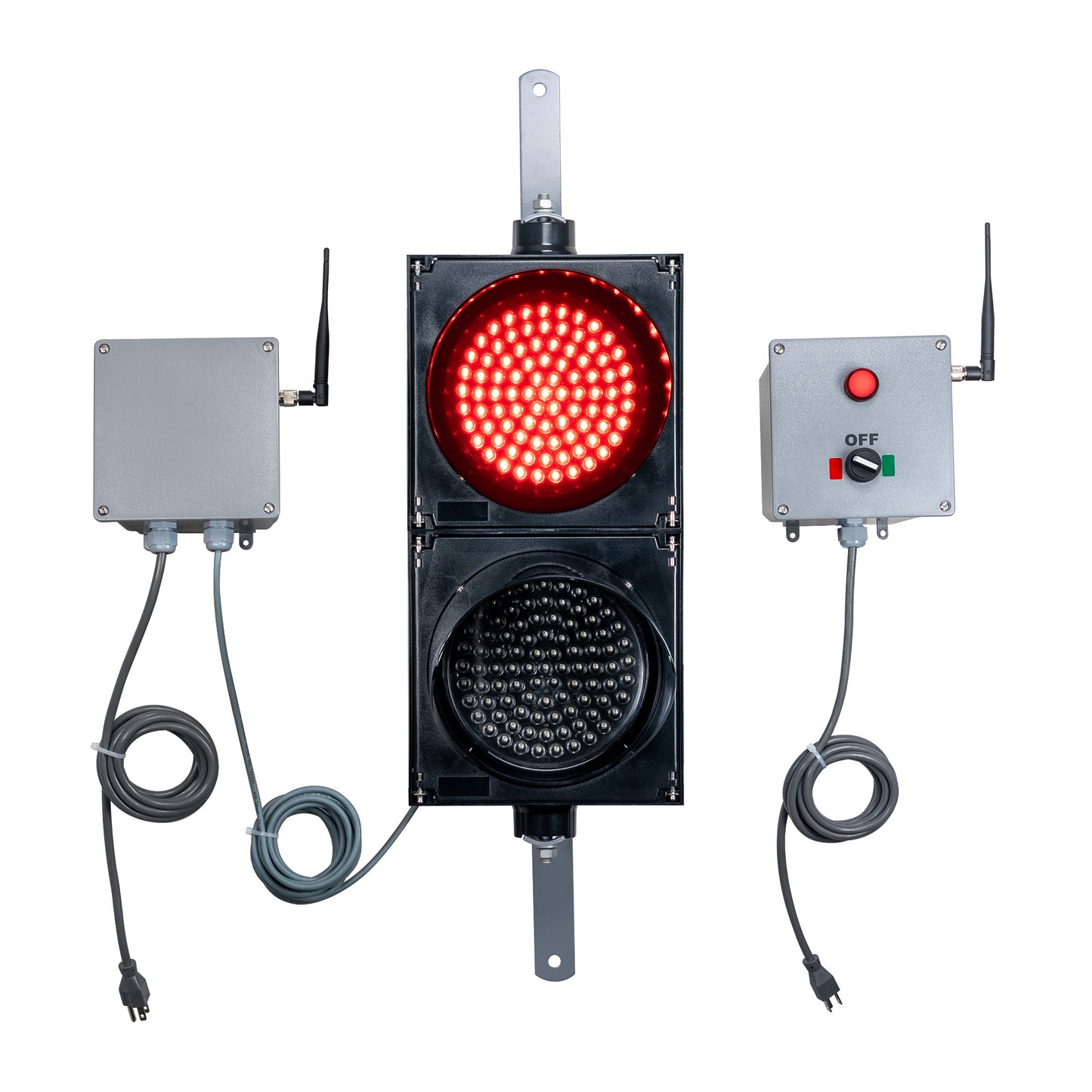 Front perspective of a wireless traffic light system with red LED light on and accompanying control box transmitter with mirrored pilot light and 2-position switch ton a white background.