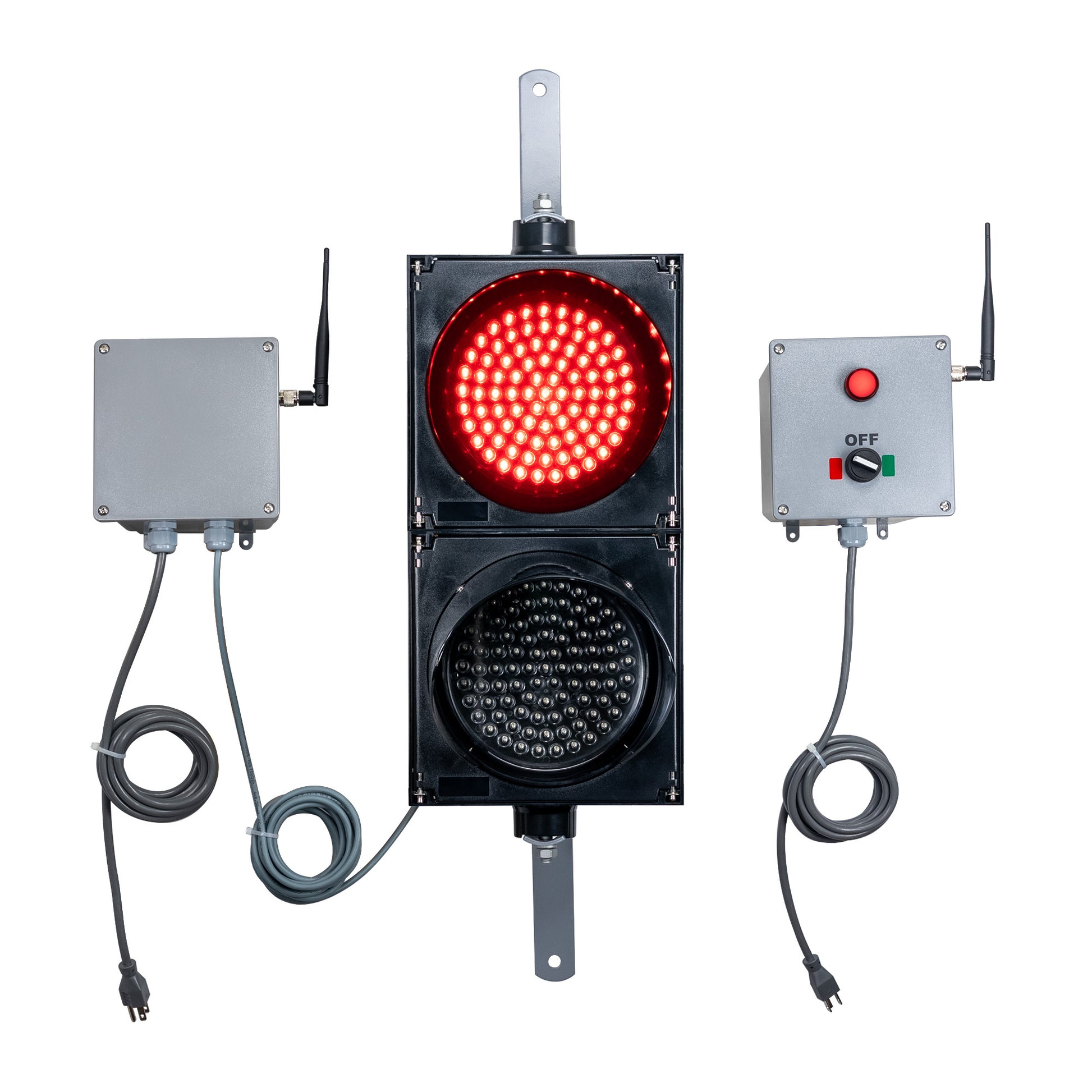 Front perspective of a wireless traffic light system with red LED light on and accompanying control box transmitter with mirrored pilot light and 2-position switch ton a white background.