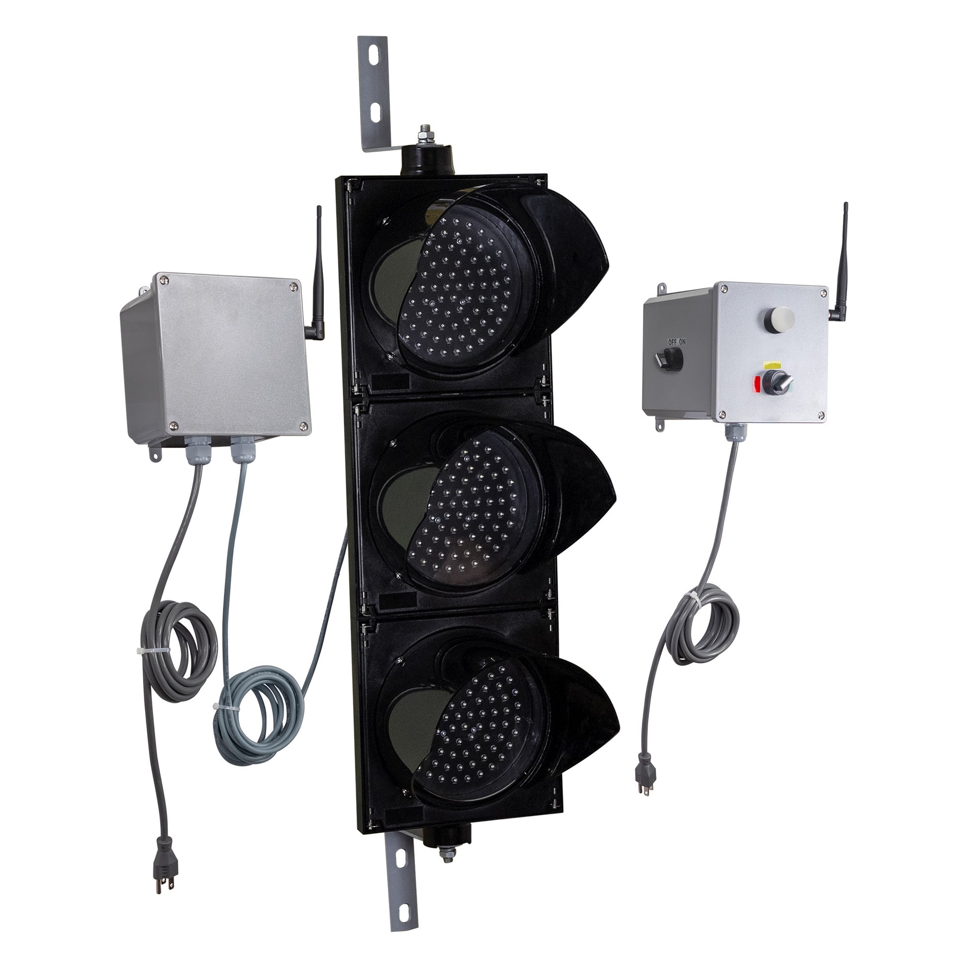 Front perspective of a wireless traffic light system with LED lights off and accompanying control box transmitter with mirrored pilot light and 3-position switch ton a white background.