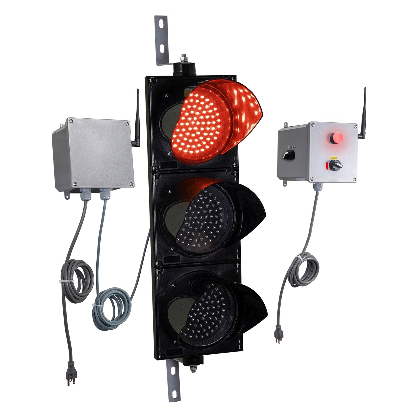 Angled perspective of a wireless traffic light system with red LED light on and accompanying control box transmitter with mirrored pilot light and 3-position switch ton a white background.