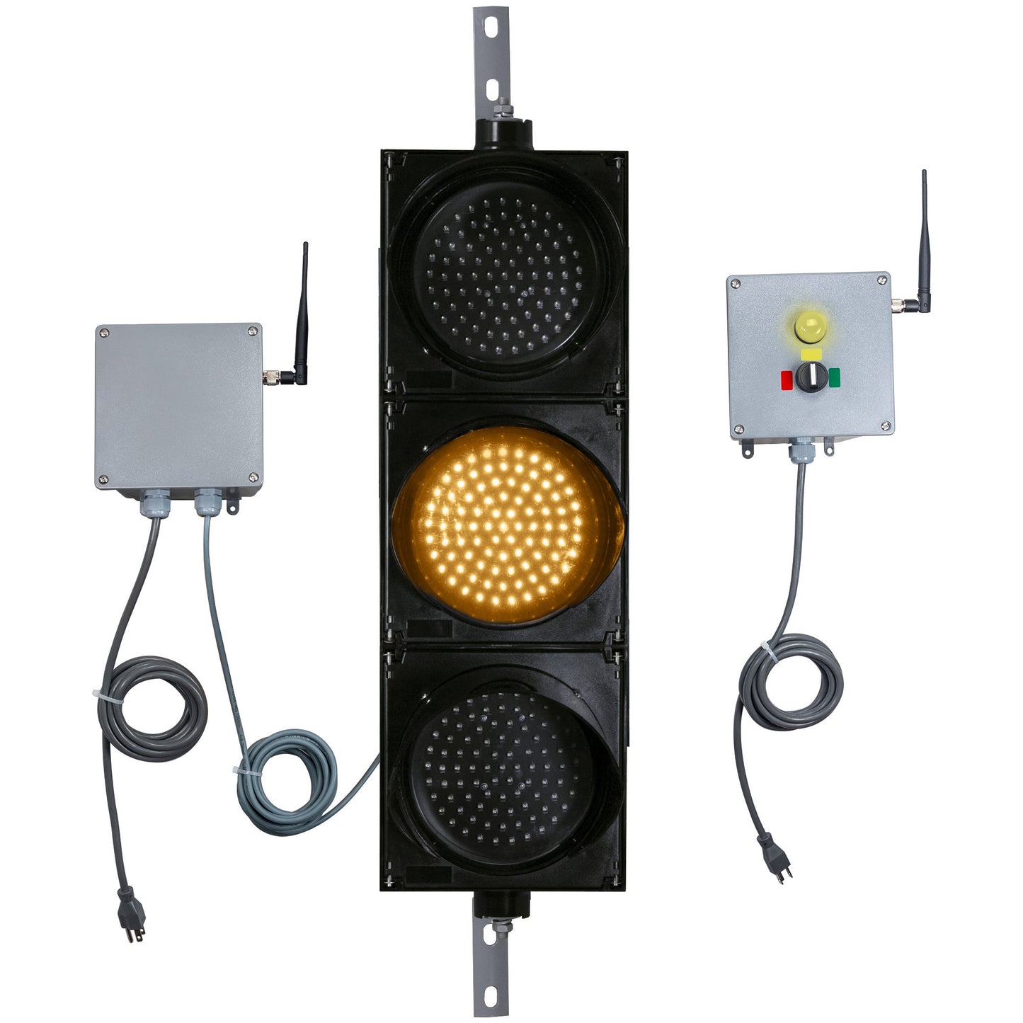 Front perspective of a wireless traffic light system with amber LED light on and accompanying control box transmitter with mirrored pilot light and 3-position switch ton a white background.