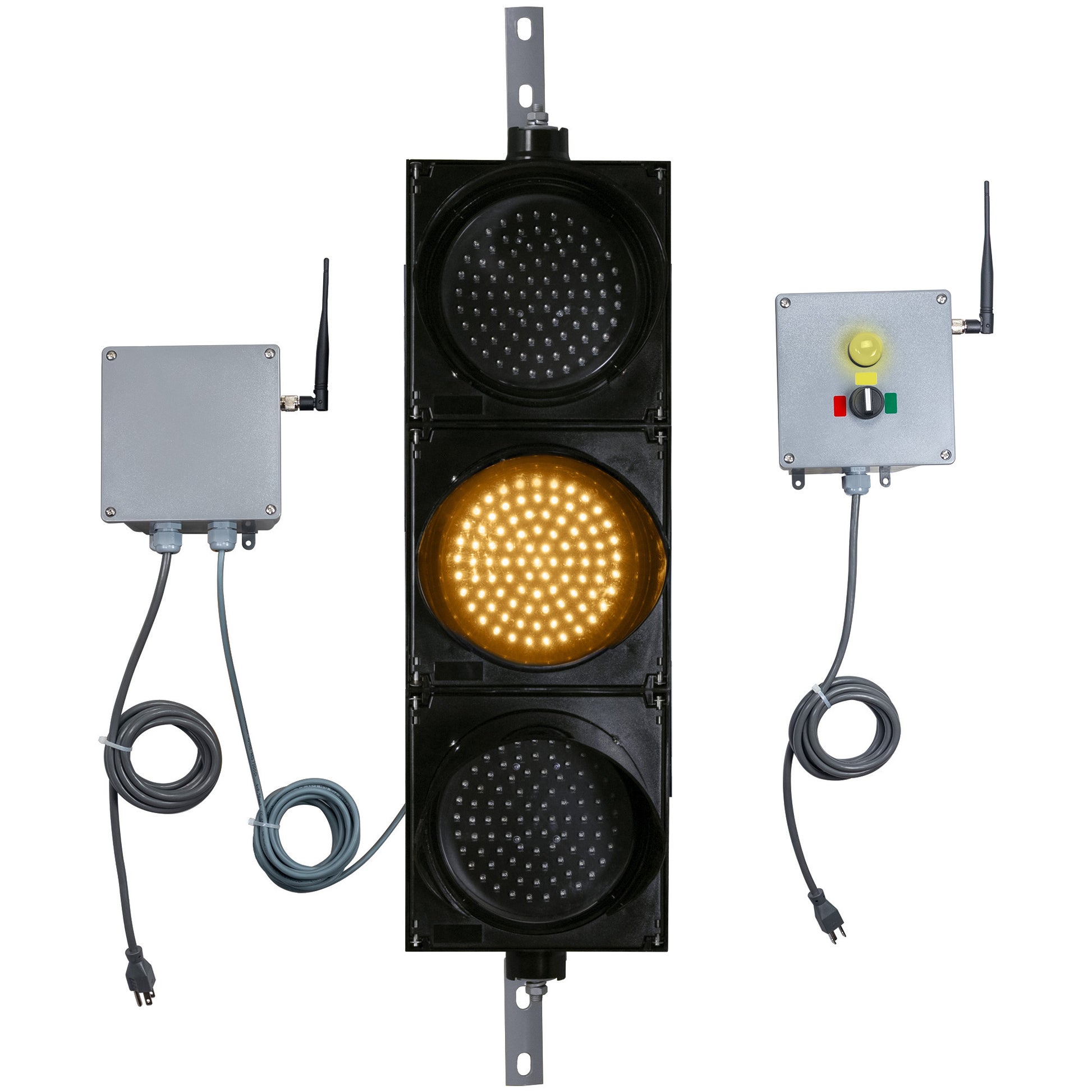 Front perspective of a wireless traffic light system with amber LED light on and accompanying control box transmitter with mirrored pilot light and 3-position switch ton a white background.
