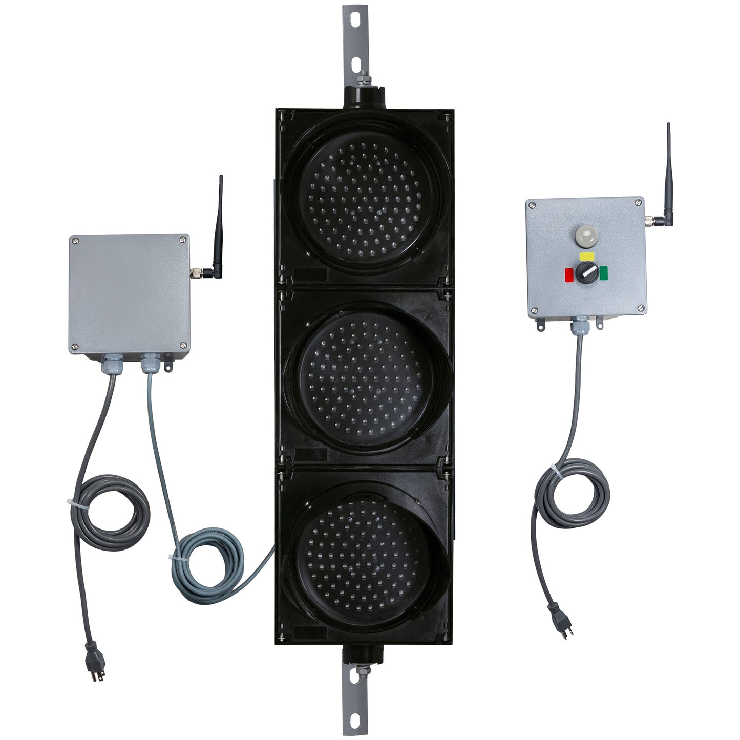 Front perspective of a wireless traffic light system with LED lights off and accompanying control box transmitter with mirrored pilot light and 3-position switch ton a white background.