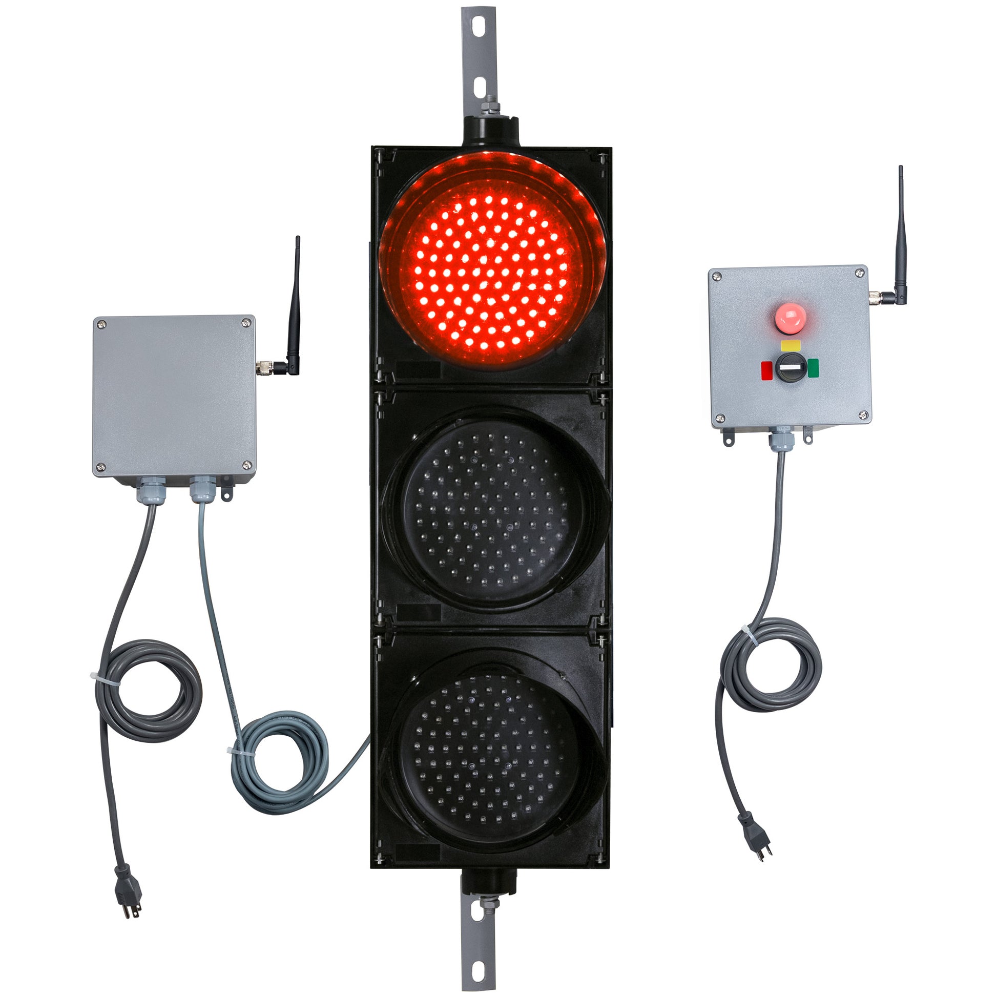 Front perspective of a wireless traffic light system with red LED light on and accompanying control box transmitter with mirrored pilot light and 3-position switch ton a white background.
