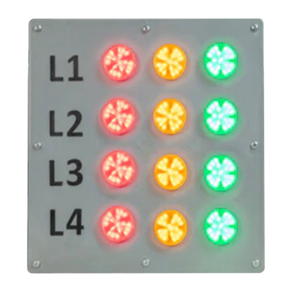 Front perspective grey control box with black labels and columns of red, amber and green pilot lights.