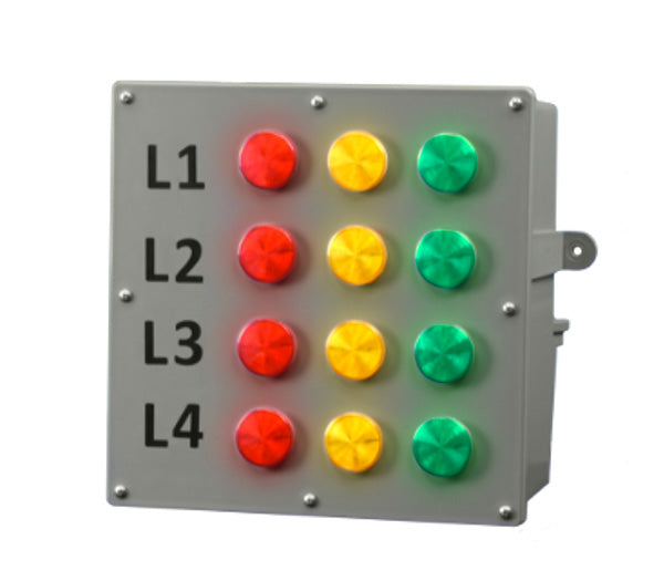 Angled perspective of grey control box with black labels and columns of red, amber and green pilot lights.