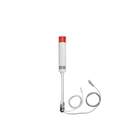 Red pole-mounted industrial signal light with ethernet and power cable exiting from the bottom on a white background.