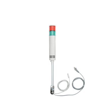 Two-color pole-mounted industrial signal light with ethernet and power cable exiting from the bottom; Red-Green on a white background.