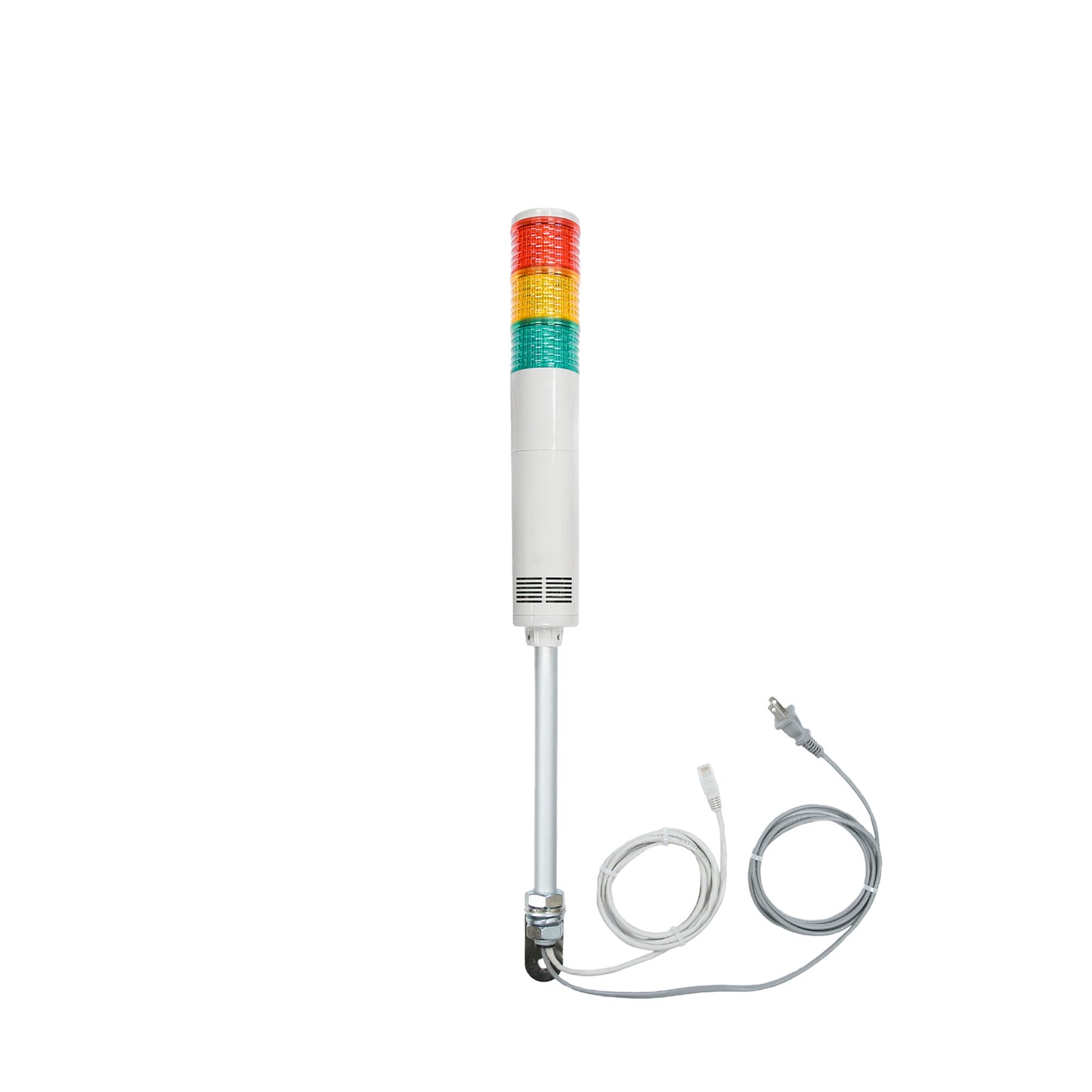 Three-color pole-mounted industrial signal light with ethernet and power cable exiting from the bottom; Red-Amber-Green on a white background.