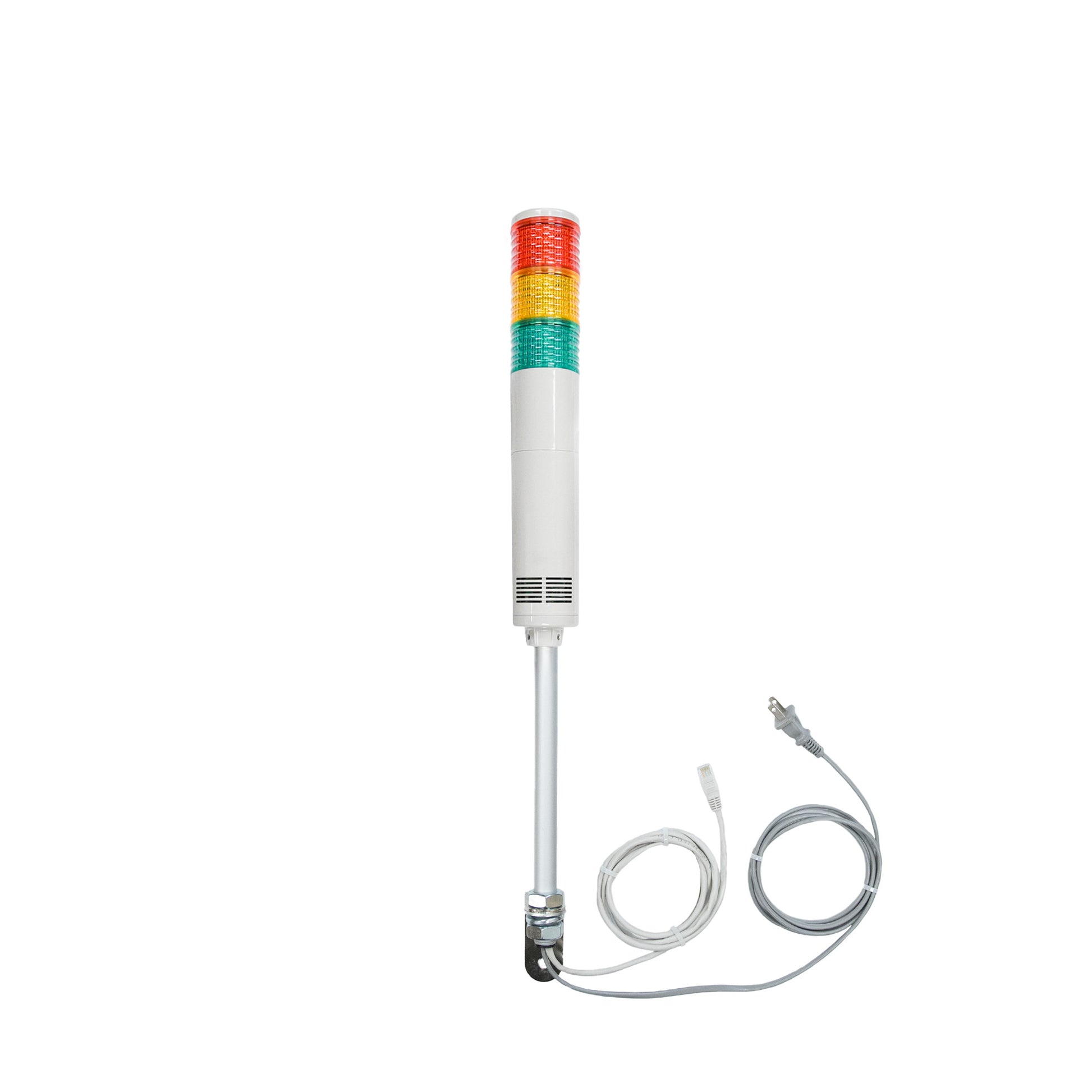 Three-color pole-mounted industrial signal light with ethernet and power cable exiting from the bottom; Red-Amber-Green on a white background.