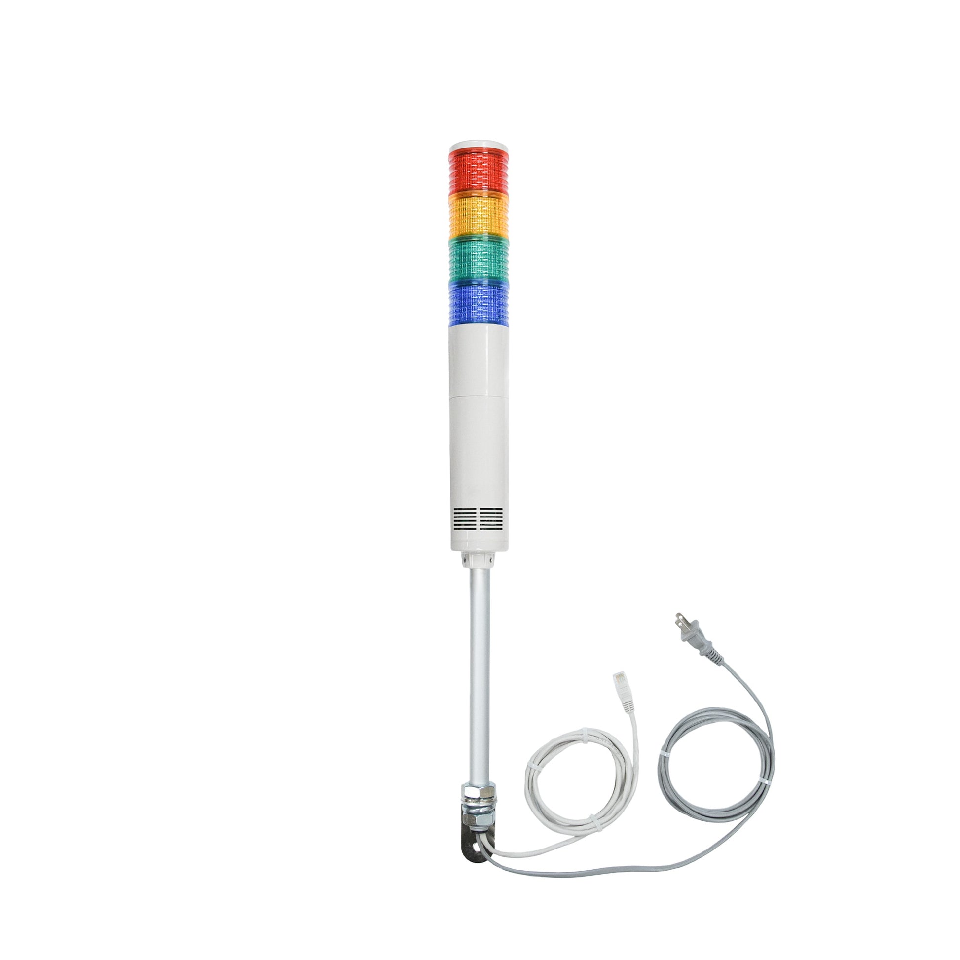 Four-color pole-mounted industrial signal light with ethernet and power cable exiting from the bottom; Red-Amber-Green-Blue on a white background.