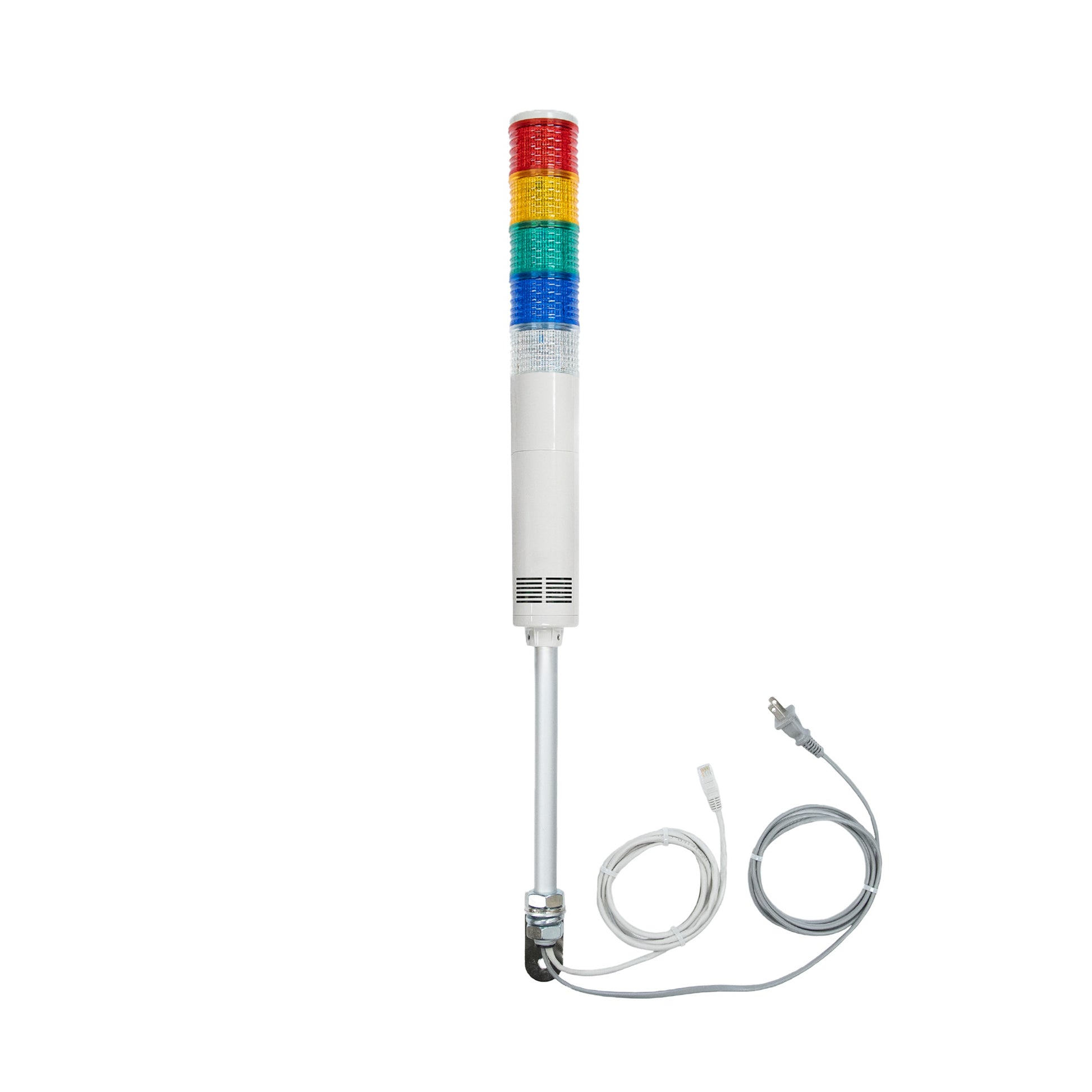 Five-color pole-mounted industrial signal light with ethernet and power cable exiting from the bottom; Red-Amber-Green-Blue-White on a white background.
