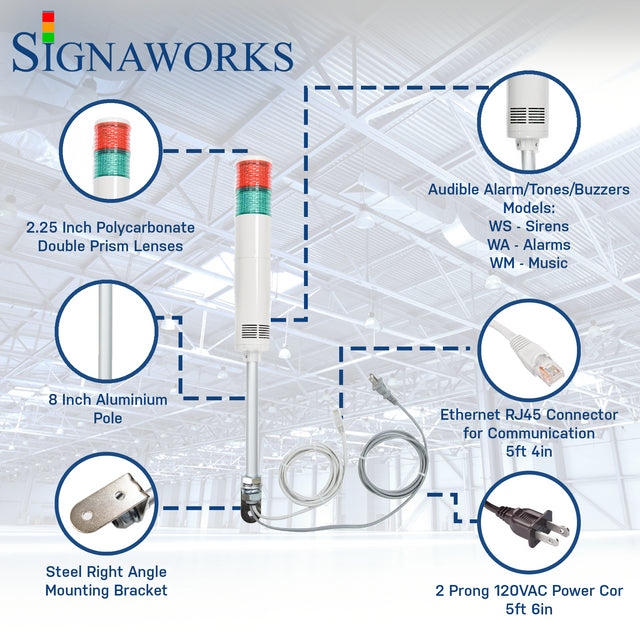 Two-color pole-mounted industrial signal light with ethernet and power cable exiting from the bottom; Red-Green on a white background. Bubbles surround the light itself to highlight the lens, alarm/buzzer, aluminum pole, ethernet cable, right angle steel bracket and 2-prong power cord.