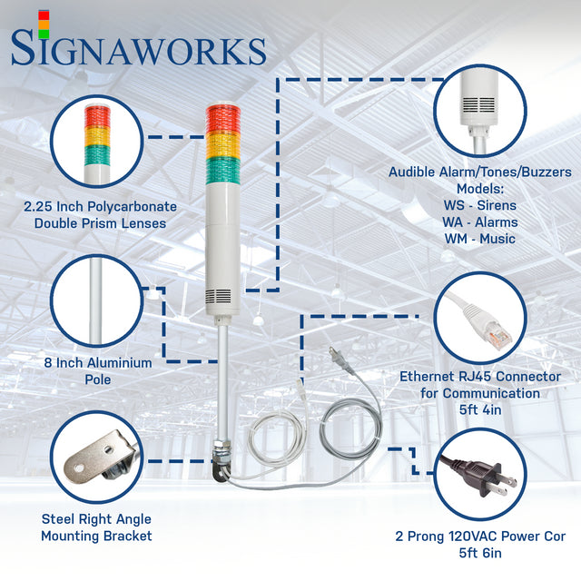 Three-color pole-mounted industrial signal light with ethernet and power cable exiting from the bottom; Red-Amber-Green on a white background. Bubbles surround the light itself to highlight the lens, alarm/buzzer, aluminum pole, ethernet cable, right angle steel bracket and 2-prong power cord.