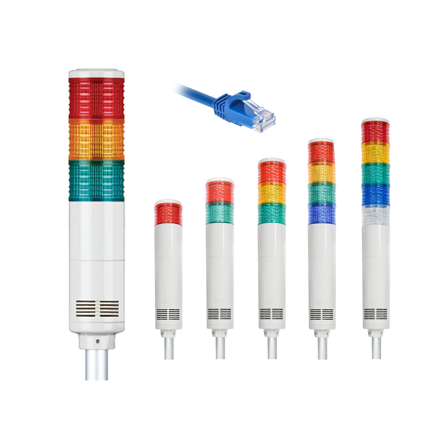 Multicolor pole-mounted industrial signal light and ethernet plug callout on a white background.