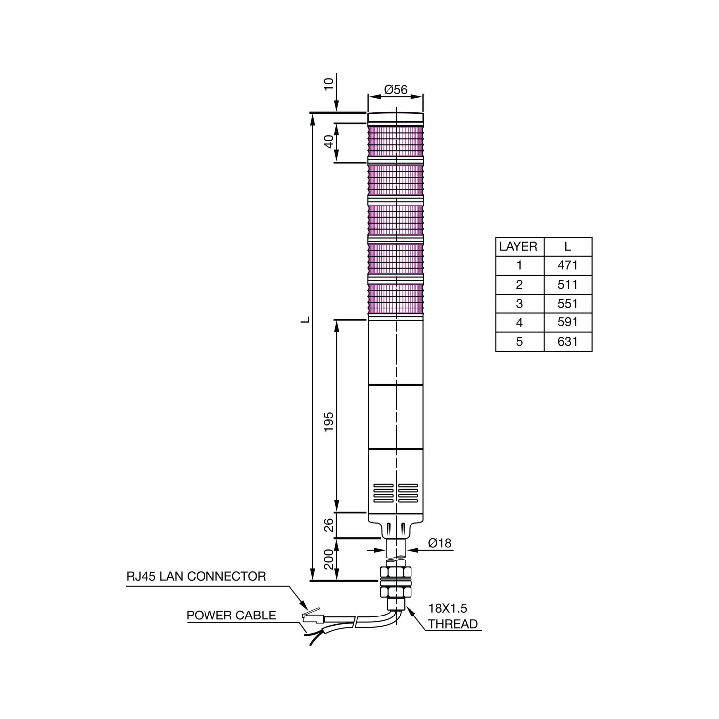 Diagram of tower light including dimensions, cable connections and a chart on a white background.