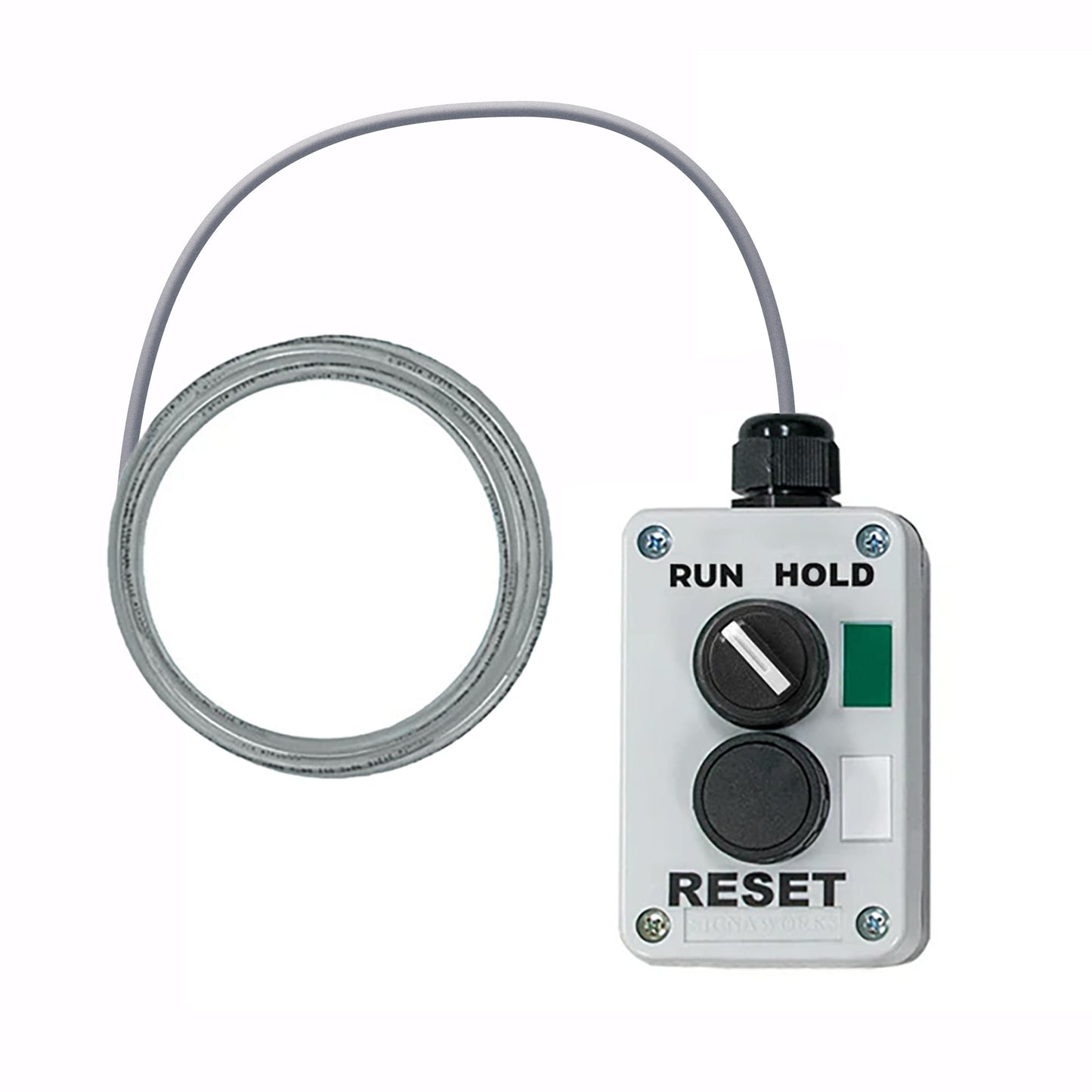 Control panel with 'Run Hold' and 'Reset' buttons and a cable on a white background.