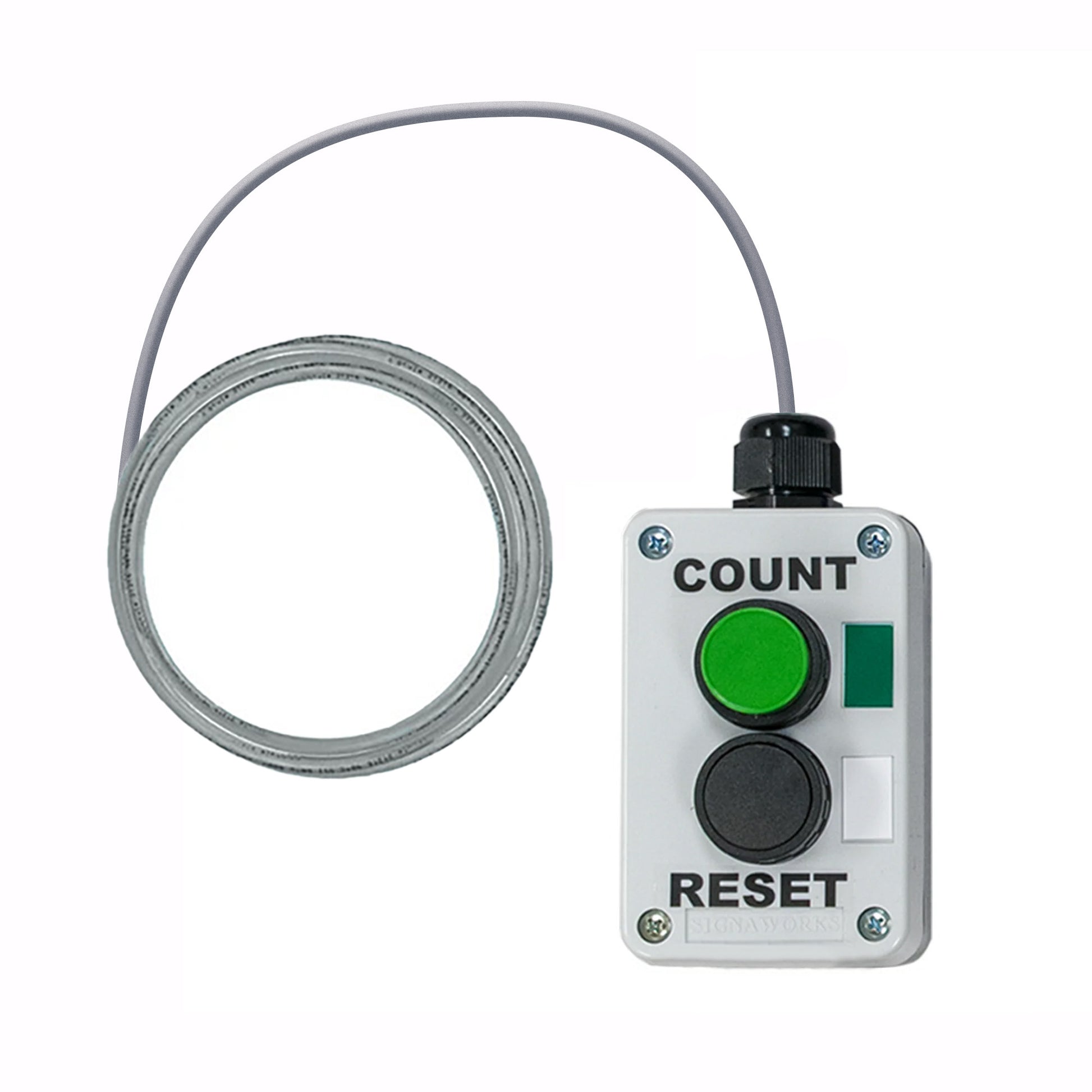 Control panel with green button labeled 'Count' and 'Reset', and a cable on a white background.