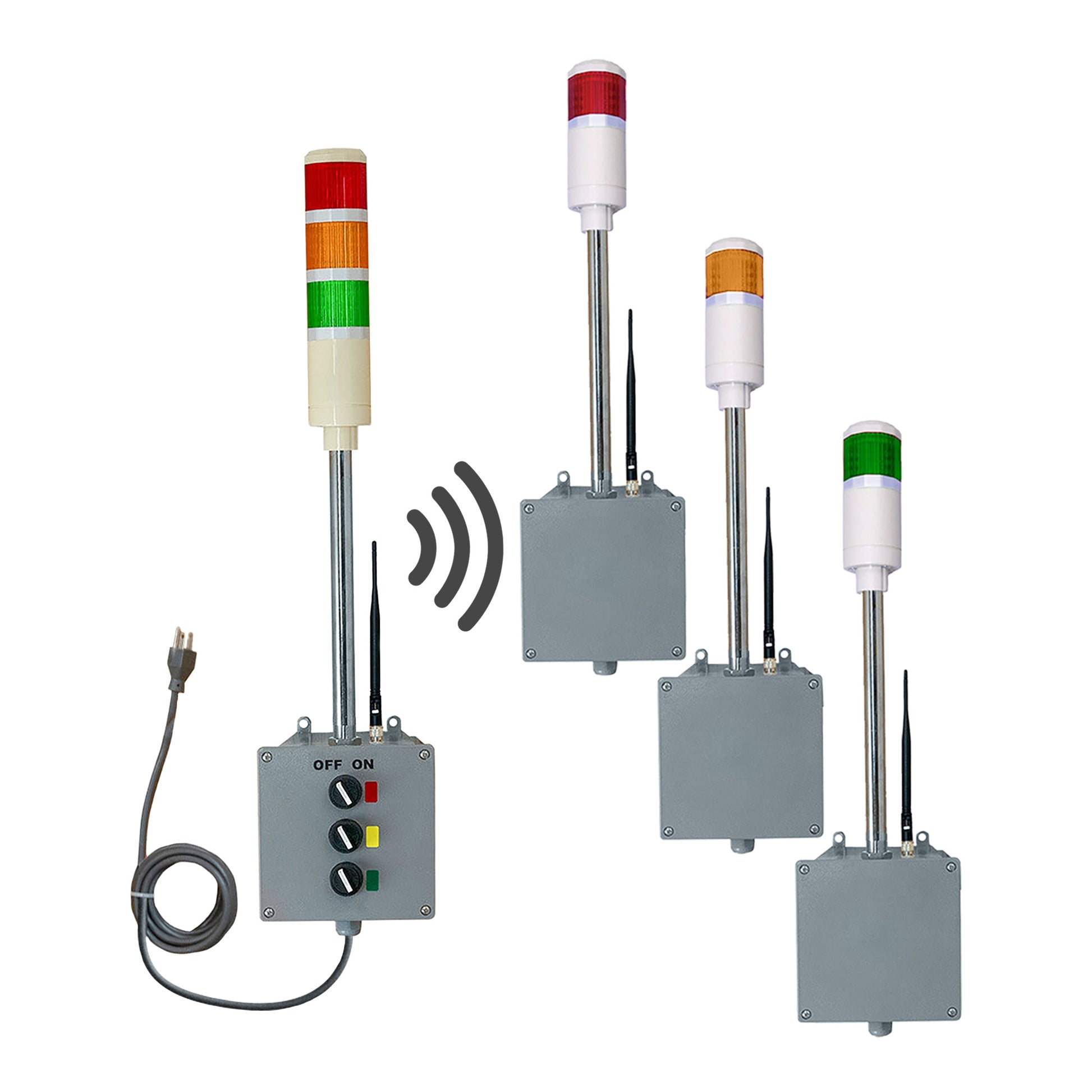 A single three-color pole-mounted industrial light with switchbox transmitting a signal to several corresponding single-light industrial signals with switchboxes.
