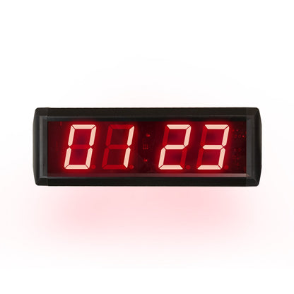 Digital clock with red LED display on a white background