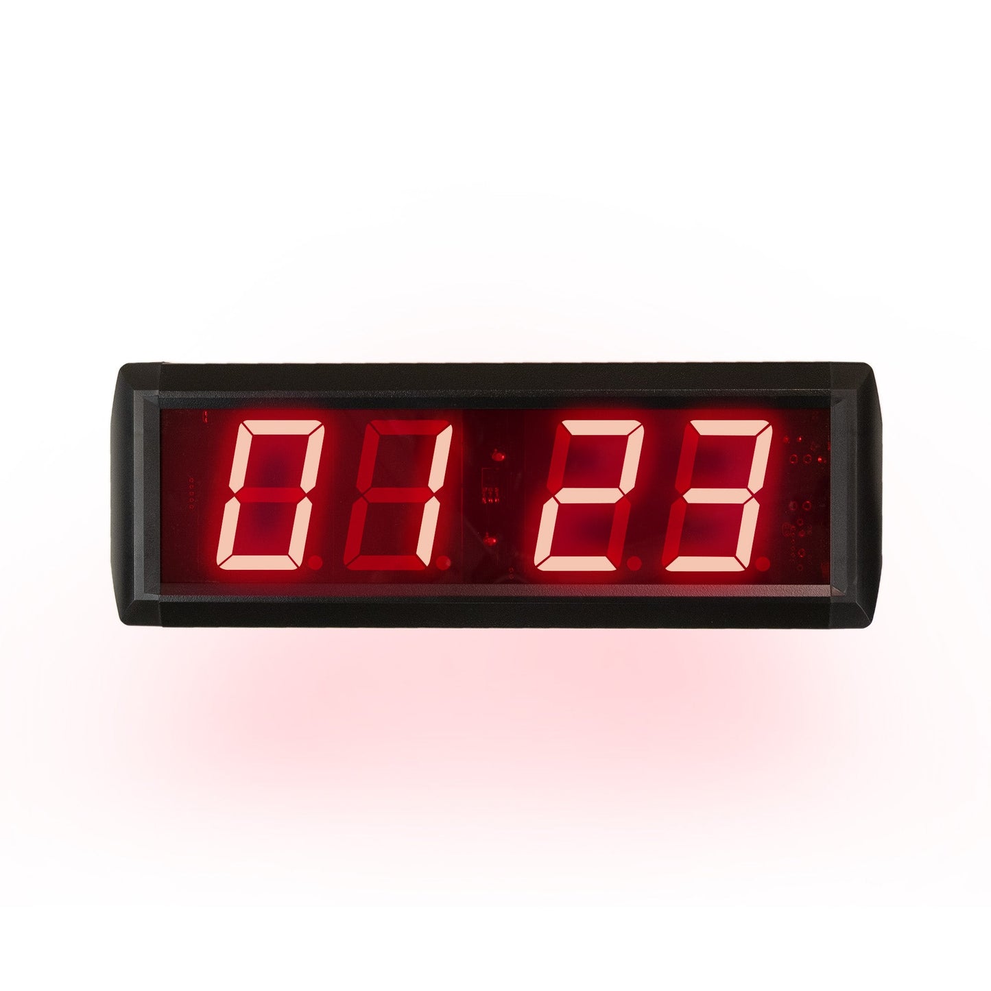 Digital clock with red LED display on a white background.