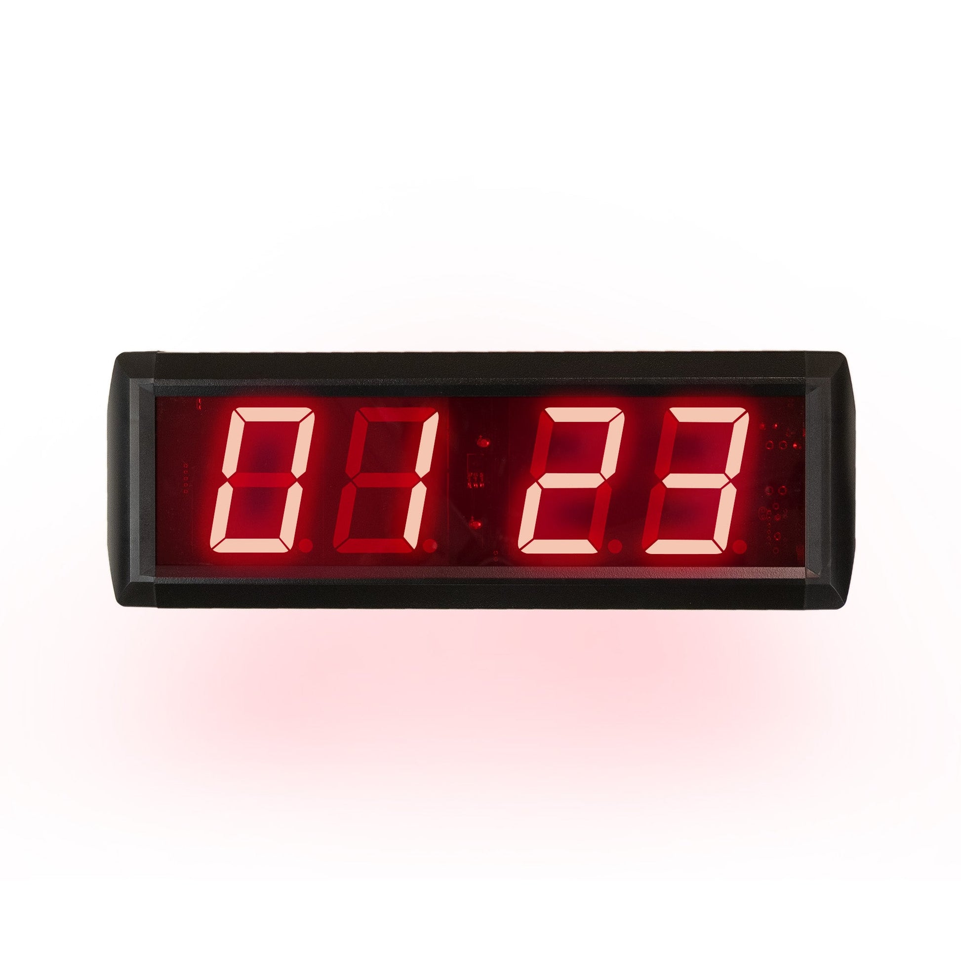 Digital clock with red LED display on a white background.