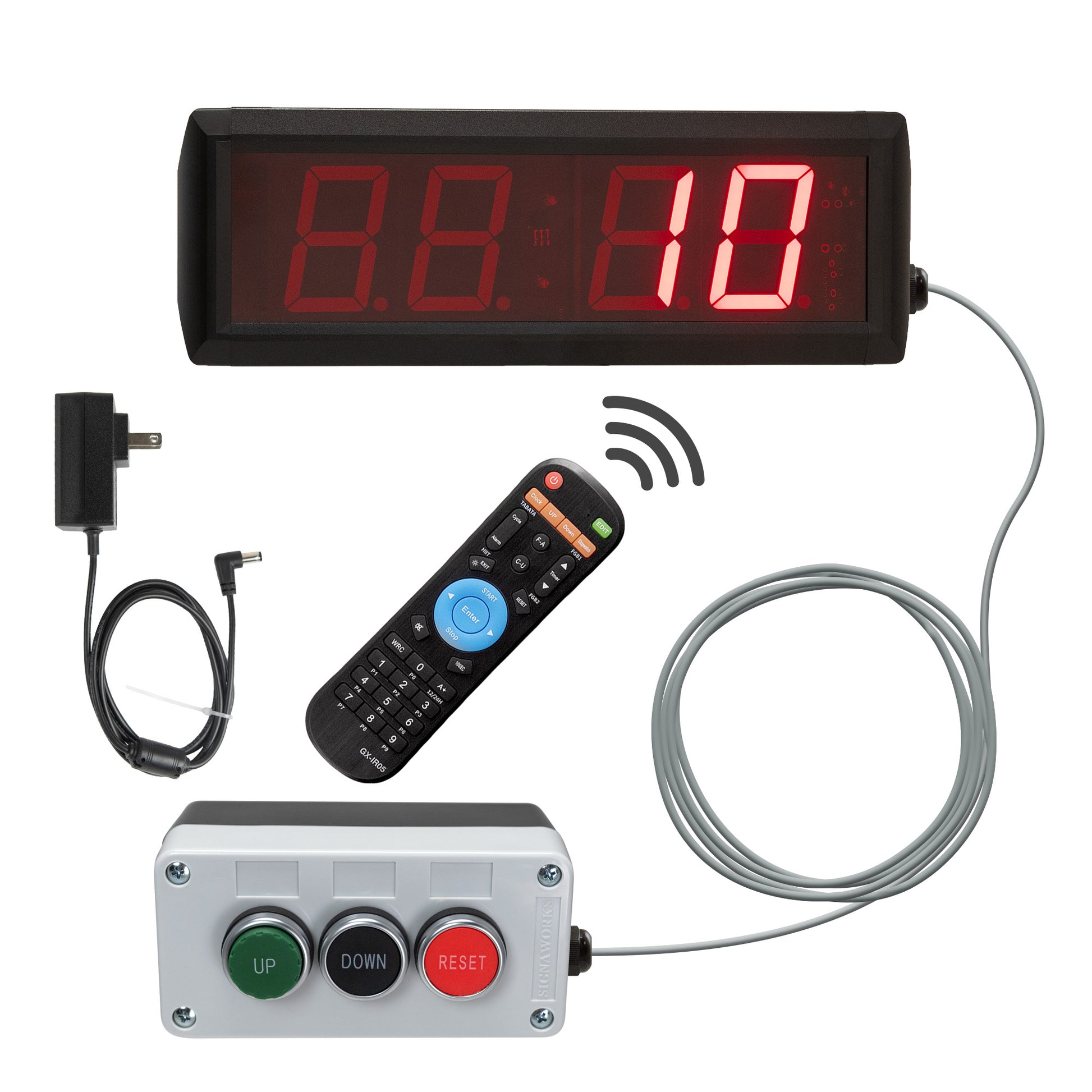 2.3 Inch LED timer with up/down/reset control box with remote and power cord.