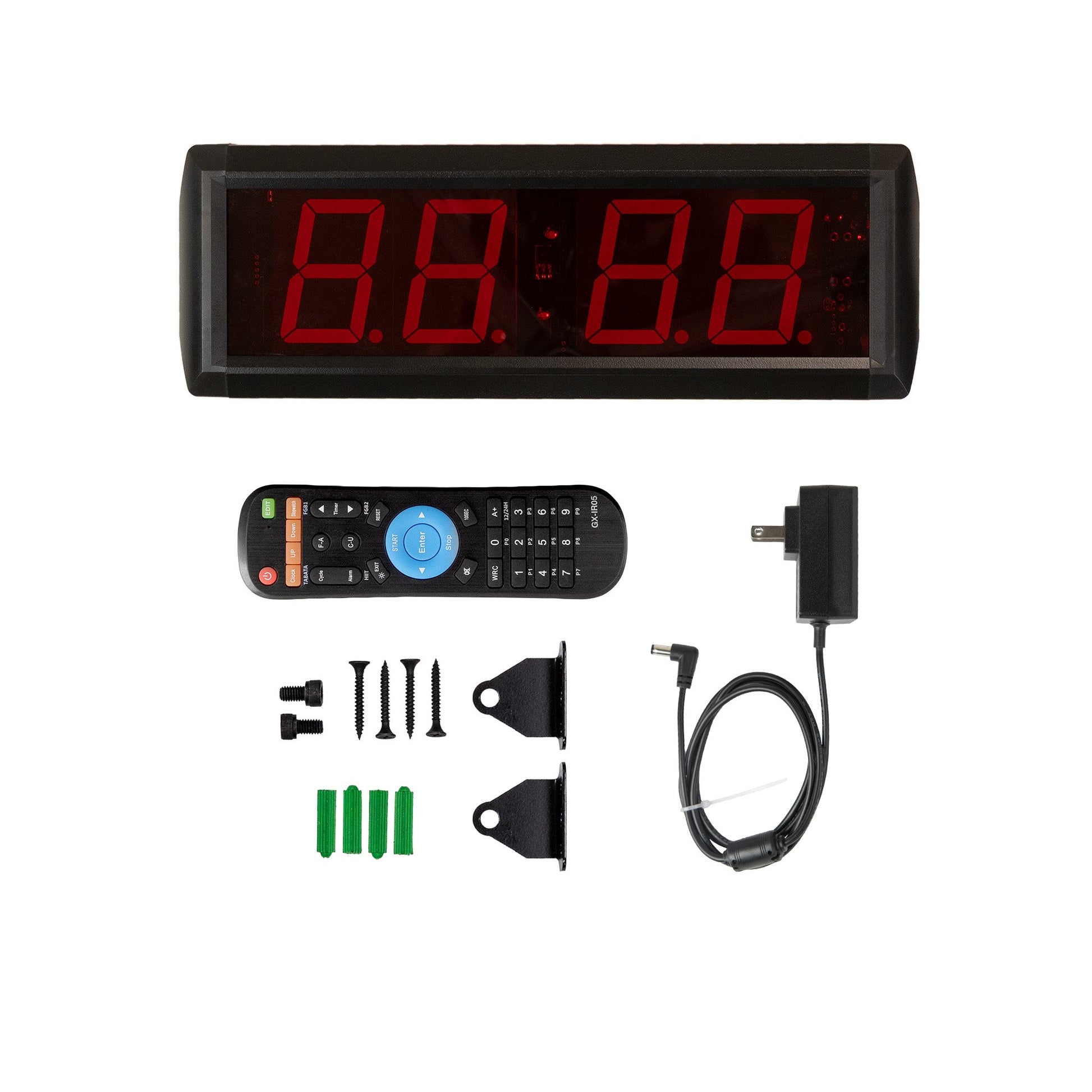 Digital clock with remote control, power adapter, and mounting hardware on a white background.