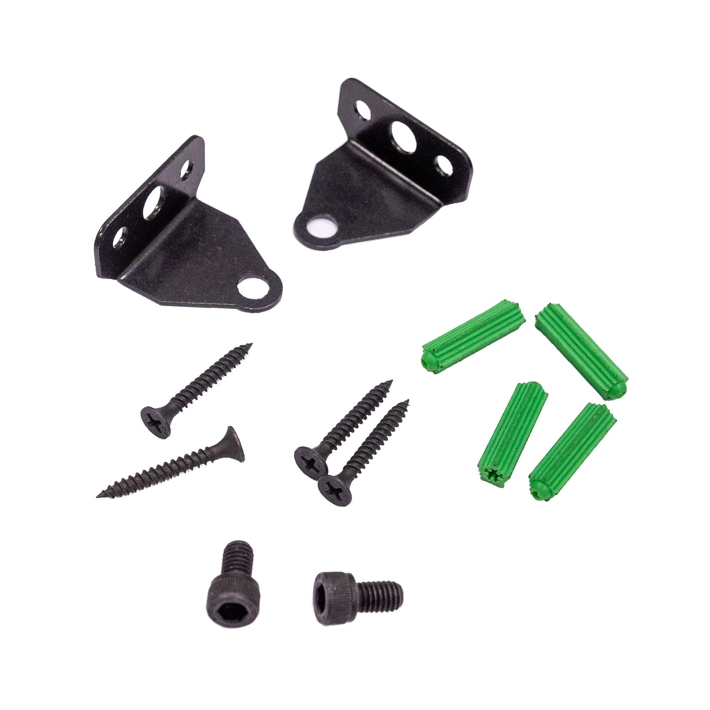 Set of black metal brackets and screws with green plastic washers on a white background.