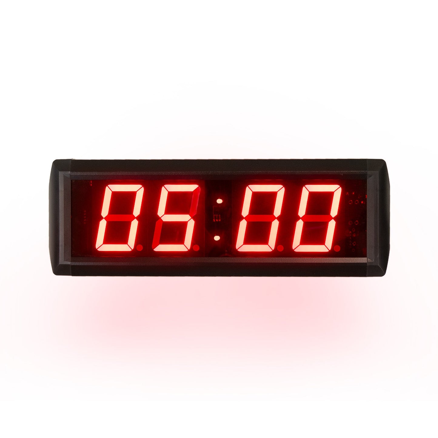 Digital clock with red LED display on a white background